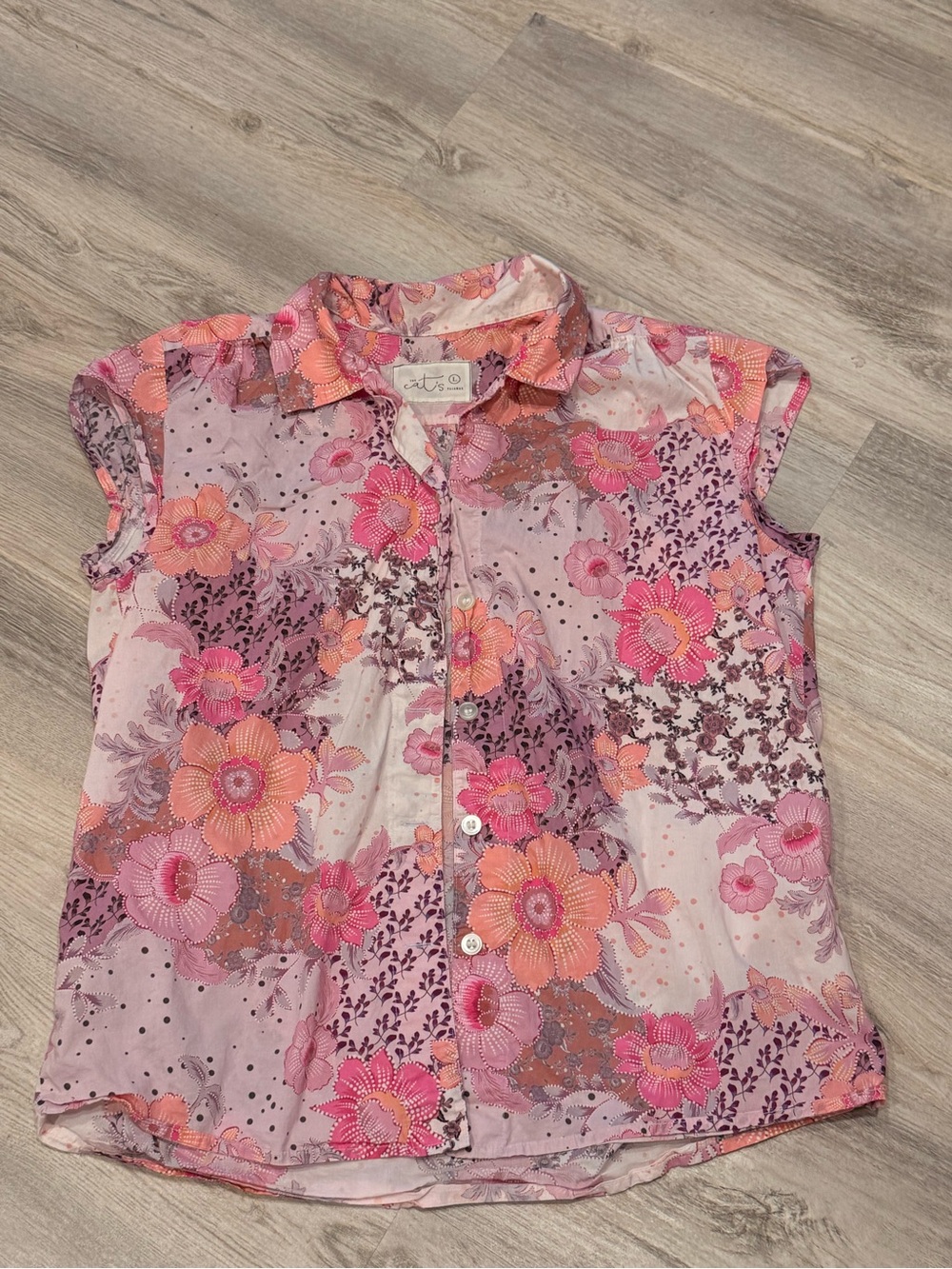 The Cat's Pajamas Pink Purple Floral Collared Sleeveless Button-Up Top L